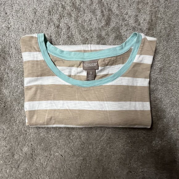 Chicos Striped Short Sleeve Top Sz 3 Beige White Aqua Cap sleeve Nautical US XL - Picture 3 of 6